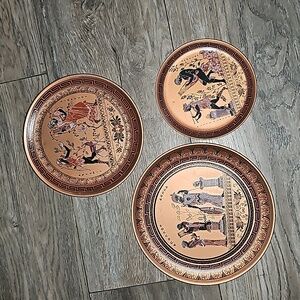 Greek Mythology hand painted metal dishes wall decor bronze tone 3pc (i1)